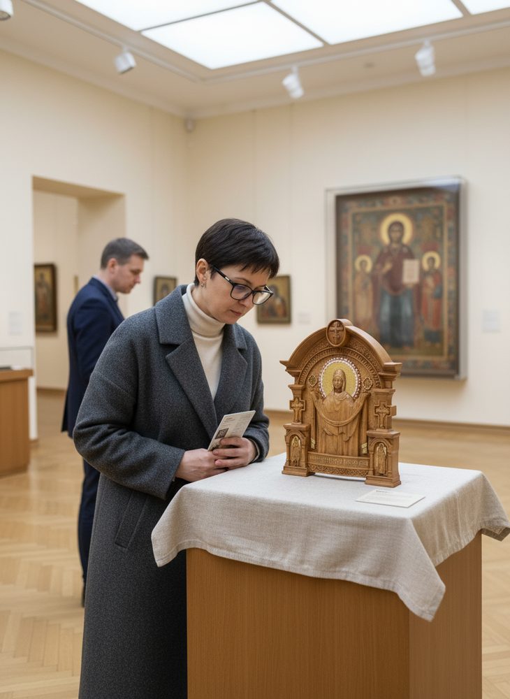 Икона Покрова Пресвятой Богородицы — уникальная деревянная резная икона ручной работы.