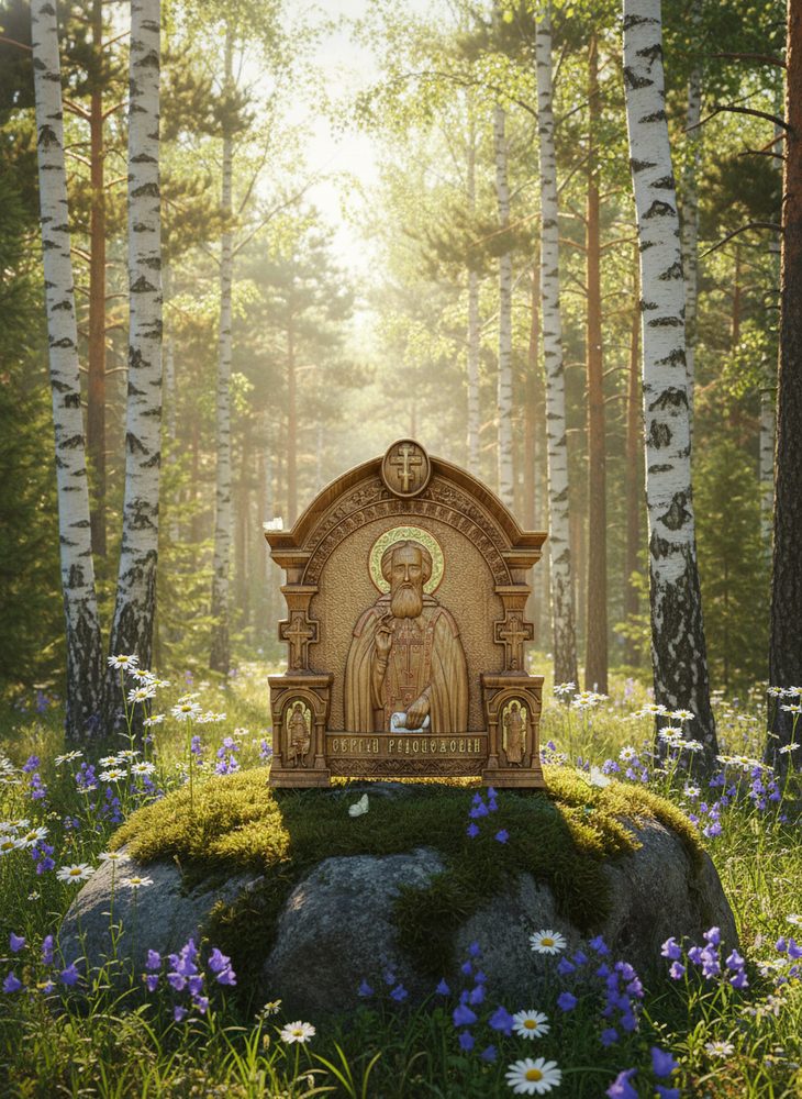 Эта резная икона из дерева изображает Сергия Радонежского. Прекрасная православная икона для вашего дома.