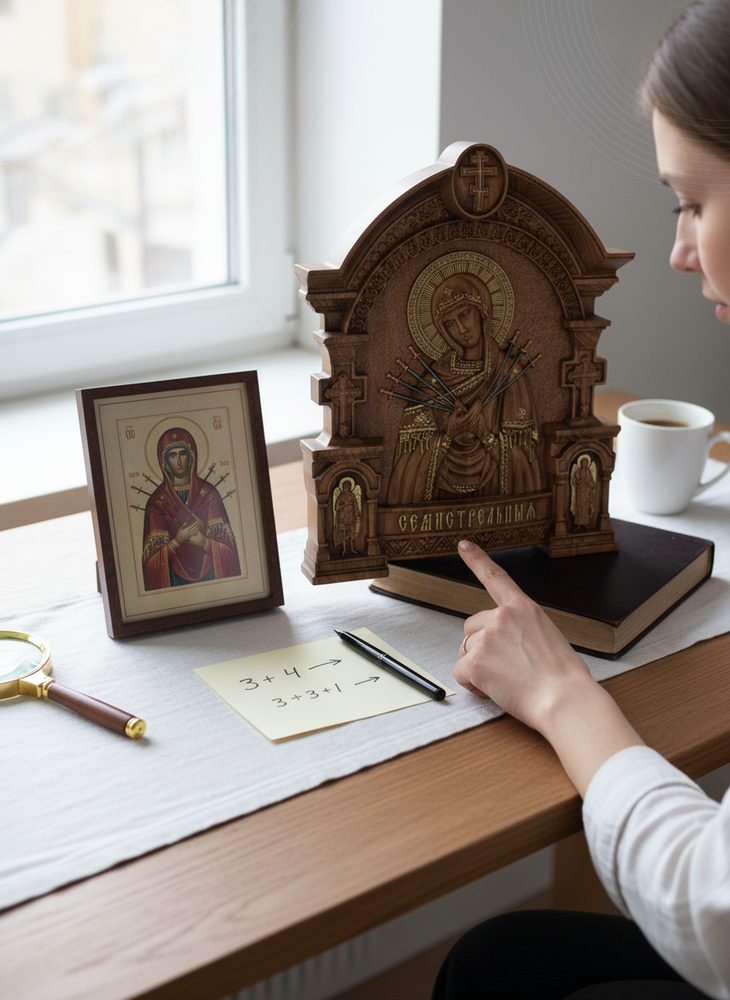 Семистрельная икона Божией Матери — уникальная икона ручной работы. Каждая деревянная резная икона несёт благодать.